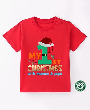 BLUSHES Christmas Theme 100% Cotton Half Sleeves My 1st Christmas Text Printed Tee - Red