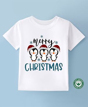 BLUSHES Christmas Theme 100% Cotton Half Sleeves Merry Christmas Text Printed Tee - White