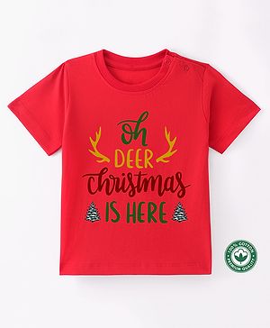 BLUSHES Christmas Theme 100% Cotton Half Sleeves Oh Deer Christmas Is Here Text Printed Tee - Red