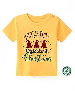 BLUSHES Christmas Theme 100% Cotton Half Sleeves Ho Ho Ho Text Printed Tee - Yellow