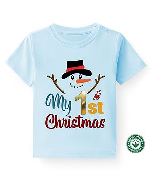 BLUSHES Christmas Theme 100% Cotton Half Sleeves My 1st Christmas Text Printed Tee - Blue