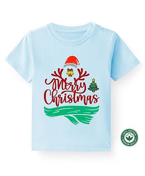 BLUSHES Christmas Theme 100% Cotton Half Sleeves Merry Christmas Text Printed Tee - Powder Blue