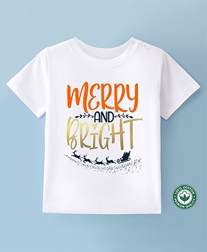 BLUSHES Christmas Theme 100% Cotton Half Sleeves Merry & Bright Text Printed Tee - White