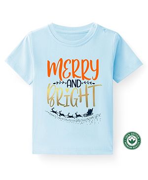 BLUSHES Christmas Theme 100% Cotton Half Sleeves Merry & Bright Text Printed Tee - Blue