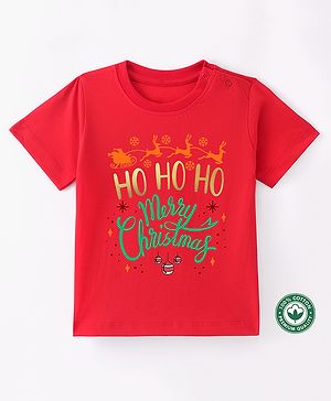 BLUSHES Christmas Theme 100% Cotton Half Sleeves Merry Christmas Text Printed Tee - Red