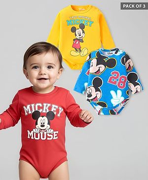 Babyhug Disney Interlock Knit Full Sleeves Onesies With Mickey Mouse Graphics Pack of 3 - Yellow Blue & Maroon