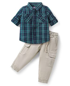 Babyhug Cotton Woven Full Sleeves Checks Shirts & Lounge Pants Set - Blue & Beige