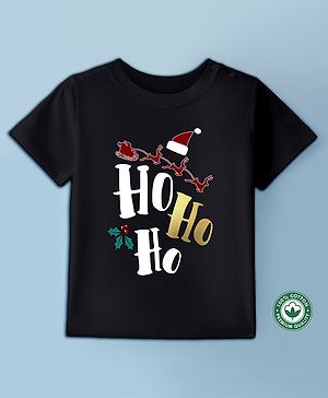 BLUSHES Christmas Theme 100% Cotton Half Sleeves Ho Ho Ho Text Printed Tee - Black