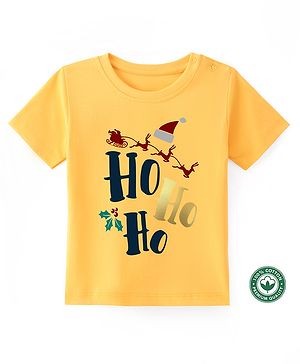 BLUSHES Christmas Theme 100% Cotton Half Sleeves Ho Ho Ho Text Printed Tee - Yellow