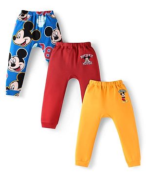 Babyhug Disney Interlock Knit Diaper Leggings with The Mickey Mouse Graphics Pack of 3- Yellow Red & Blue