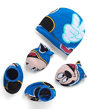Babyhug Disney Interlock Knit Cap Mittens & Booties Set with Mickey Mouse Graphics Blue - Diameter 10 cm