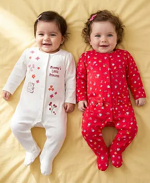 Babyoye 100% Cotton Knit With Eco
                              Jiva Finish Full Sleeves Sleepsuits with
                              Floral Print - Red & White