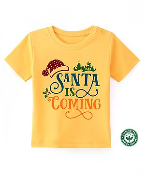 BLUSHES Christmas Theme 100% Cotton Half Sleeves Santa Is Coming Text Printed Tee - Yellow