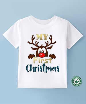 BLUSHES Christmas Theme 100% Cotton Half Sleeves My First Christmas Text Printed Tee - White