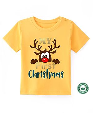 BLUSHES Christmas Theme 100% Cotton Half Sleeves My First Christmas Text Printed Tee - Yellow