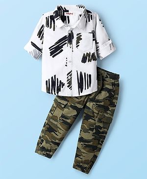 Babyhug Cotton Woven Full Sleeves Shirt & Lounge Pant Set With Camouflage Print - White