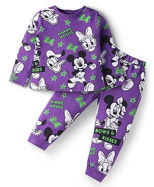 Babyhug Disney Single Jersey Knit Full Sleeves Night Suit With Mickey & Friends Graphics - Purple