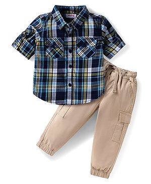 Babyhug Cotton Woven Full Sleeves Checkered Shirt & Joggers Set - Blue & Beige