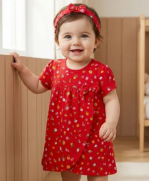 Babyoye 100% Cotton Knit With Eco-
                              Jiva Finish Half Sleeves Onesie With
                              Floral Print & Headband - Red
