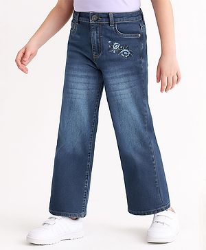 Pine Kids Denim Washed Full Length Jeans With Floral Embroidery - Navy Blue