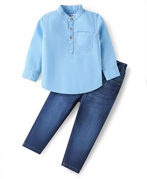 Babyhug Cotton Woven Full Sleeves Solid Shirt & Denim Jeans Set - Light & Navy Blue
