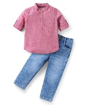 Babyhug Cotton Woven Full Sleeves  Mandarin Collar Shirt & Jeans Set - Red & Blue