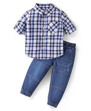Babyhug Cotton Woven Full Sleeves Checks Shirt & Denim Jeans Set - Blue