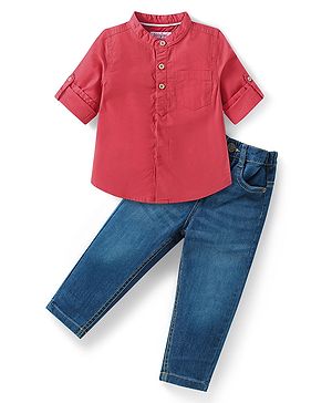 Babyhug Cotton Woven Full Sleeves Mandarin Collar Shirt & Jeans - Dark Pink & Blue