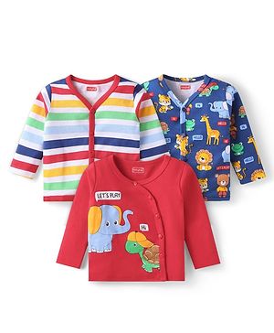 Babyhug 100% Cotton Knit Full Sleeves Front Open Vests with Animal Print Pack of 3 - Red Blue & White