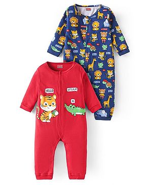 Babyhug Interlock Knit Full Sleeves Rompers With Animal Print Pack of 2 - Red & Navy Blue