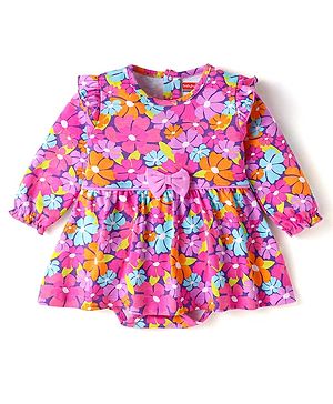 Babyhug Interlock Knit Full Sleeves Frock Style Onesie With Floral Print & Bow Applique - Fuchsia