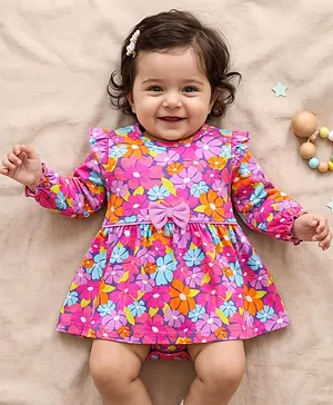 Babyhug Interlock Knit Full Sleeves
                              Frock Style Onesie With Floral Print &
                              Bow Applique - Fuchsia