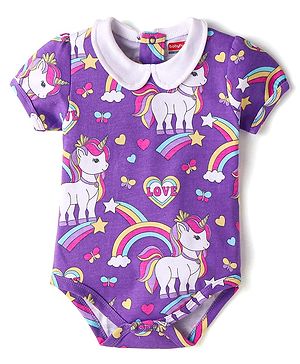 Babyhug 100% Cotton Knit Half Sleeves Onesie with Peter Pan Collar & Unicorn Print - Lilac