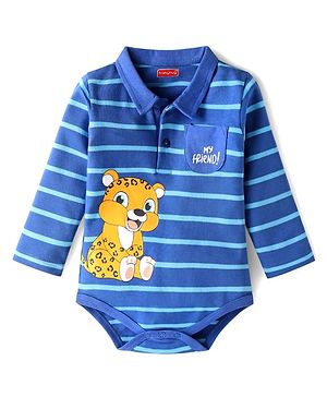 Babyhug 100 % Cotton Knit Full Sleeves Striped & Animal Printed Collared Onesie - Blue