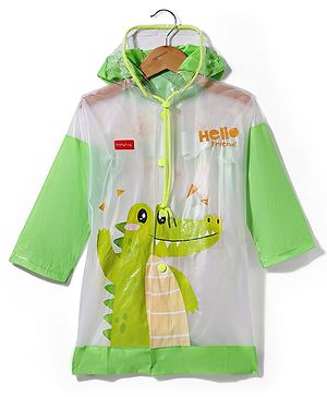 Babyhug Full Sleeves Below Knee Length Raincoat With Dino Print - Green & White
