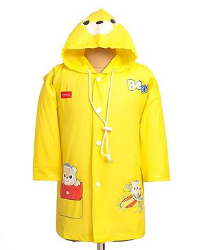 Babyhug Full Sleeves Below Knee Length Raincoat With Bear Box Print - Yellow