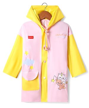 Babyhug Full Sleeves Below Knee Length Raincoat With Unicorn & Teddy Bear Print - Pink & Yellow