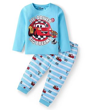 Babyhug Disney Single Jersey Knit Full Sleeves Night Suit With Cars Graphics - Light Blue