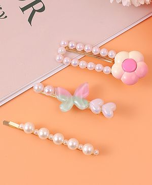Pine Kids Free Size  Hair Pins & Clips with Floral Applique Pack of 3 - Pink