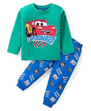 Babyhug Disney Single Jersey Knit Full Sleeves Night Suit With Car Graphics - Blue & Green