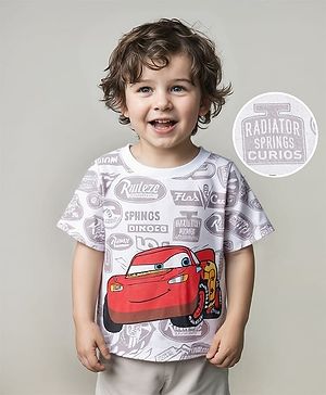 Babyhug Disney Single Jersey Knit Half Sleeves Cars Printed T-Shirt - White