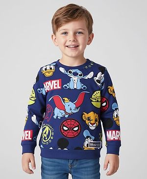 Babyhug Disney Terry Knit Full Sleeves T-Shirt with Disney Characters Print - Navy Blue