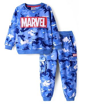 Pine Kids Marvel Terry Knit Full Sleeve T-Shirt &  Lounge Pant Set With Marvel Graphic And Cargo Pockets - Blue