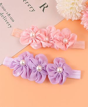 Babyhug Free Size Headbands With Floral Applique & Pearl Detailing - Purple & Pink