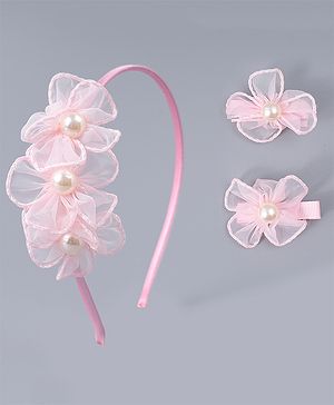 Babyhug Hair Clips & Hairband with Floral & Pearl Applique Accessories Combo Set - Light Pink