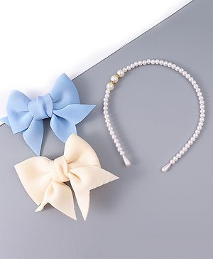 Pine Kids Pearl Hairband & Hair Clip with Bow Applique Accessories Combo Set - Light Blue & Cream