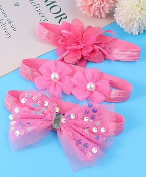 Babyhug Free Size Headbands With Floral & Bow Applique With Pearl Detailing Pack Of 3 - Fuchsia