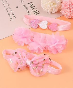 Babyhug Free Size Headbands With Floral Bow & Heart Applique Pack Of 3 - Pink