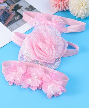 Babyhug Free Size Headbands With Floral & Bow Applique Pack Of 3 - Pink