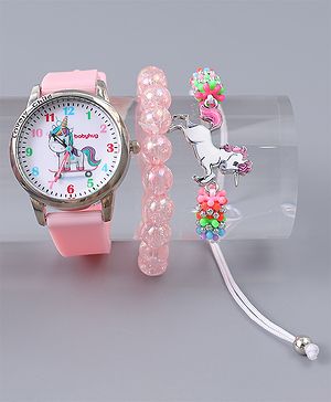 Babyhug Analog Watch Unicorn Print With Beaded Bracelet Set - Pink